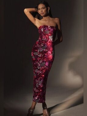 Helsi Leslie Strapless Sequin Sheath Midi Dress in Red Size XS NWT
